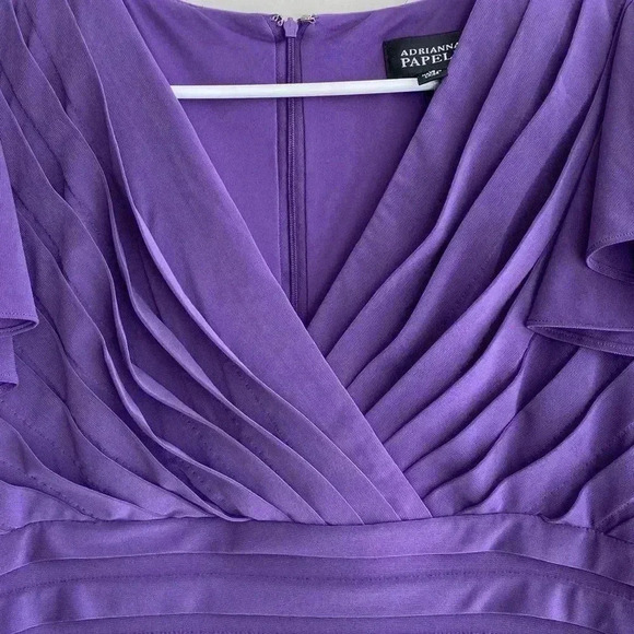 Adrianna Papell Purple Sheath Dress with Flutter Sleeves & Shutter Pleats - Picture 4 of 16
